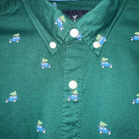 American Eagle Men’s Top Button Down Large Tall Green Car Christmas Long Sleeve - Picture 2 of 14